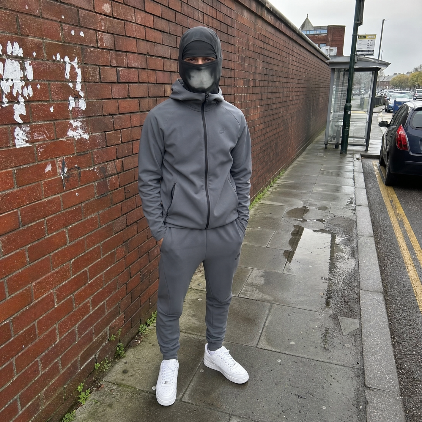 Grey mask styled with a streetwear outfit