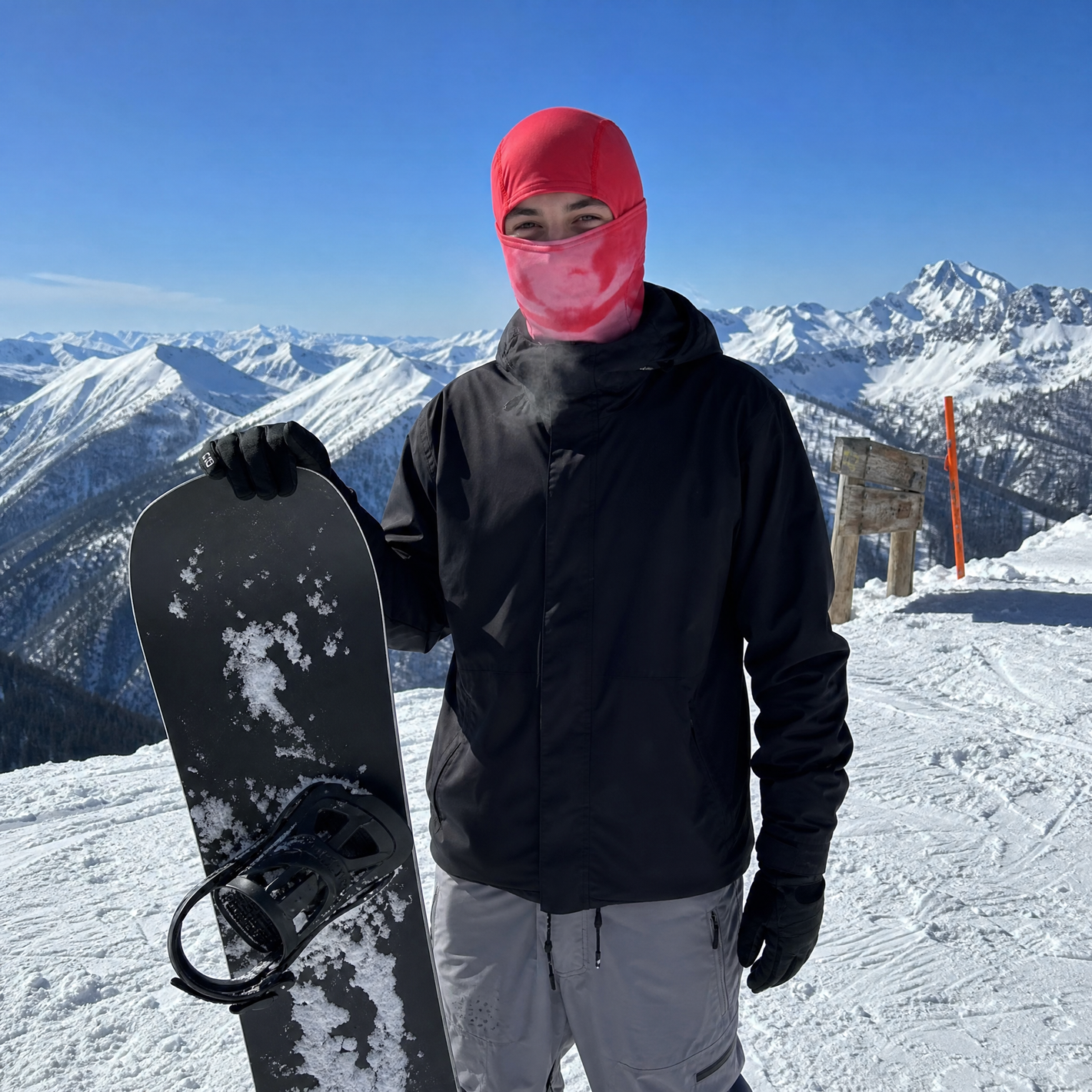 Red heat-reactive mask styled outdoors